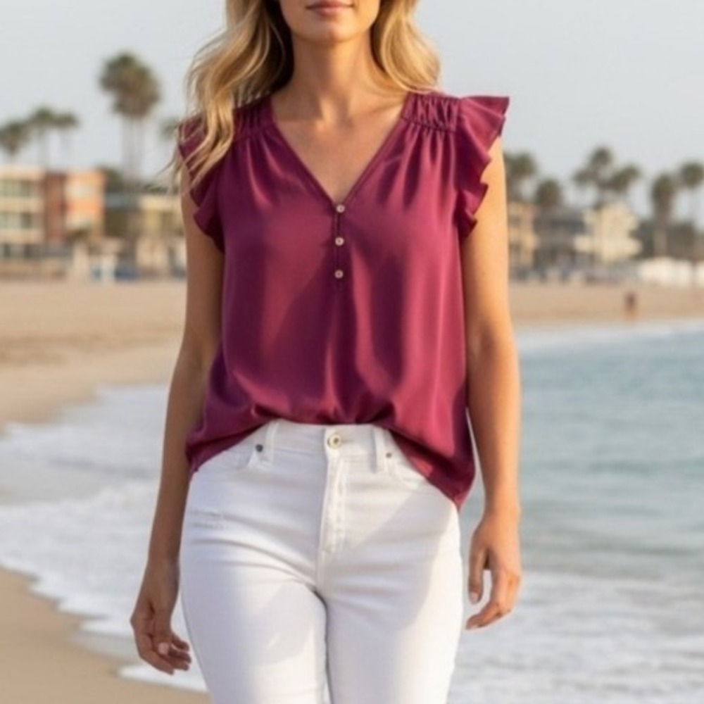 Loft Women's Size Large Petite Blouse V-Neck Half Button Flutter Sleeve Smocked